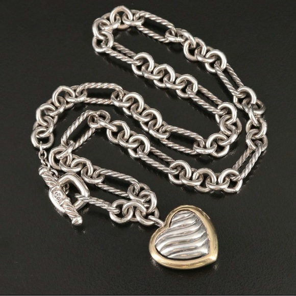 David Yurman Sterling Silver and 18K Yellow Gold Cable Figaro Heart Necklace - Picture 5 of 7